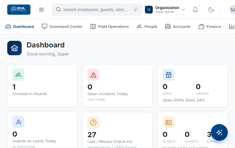 IraForce admin dashboard with real-time KPI cards and live map