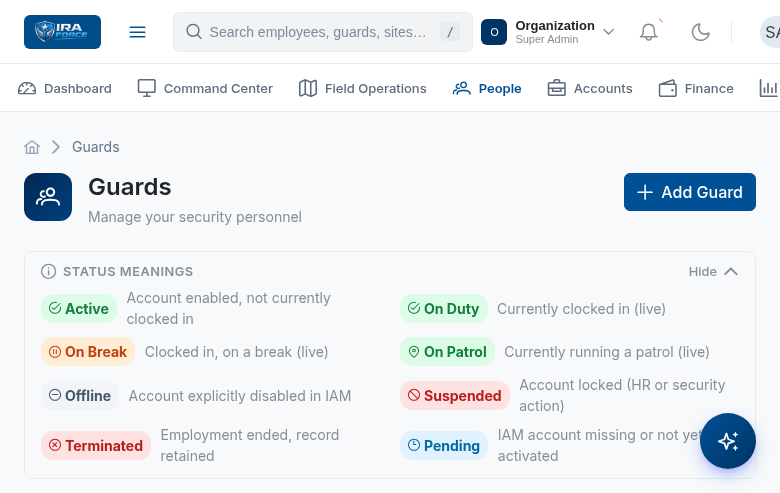 IraForce guard and workforce roster view