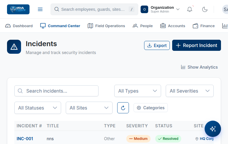 IraForce incident management view with escalation status
